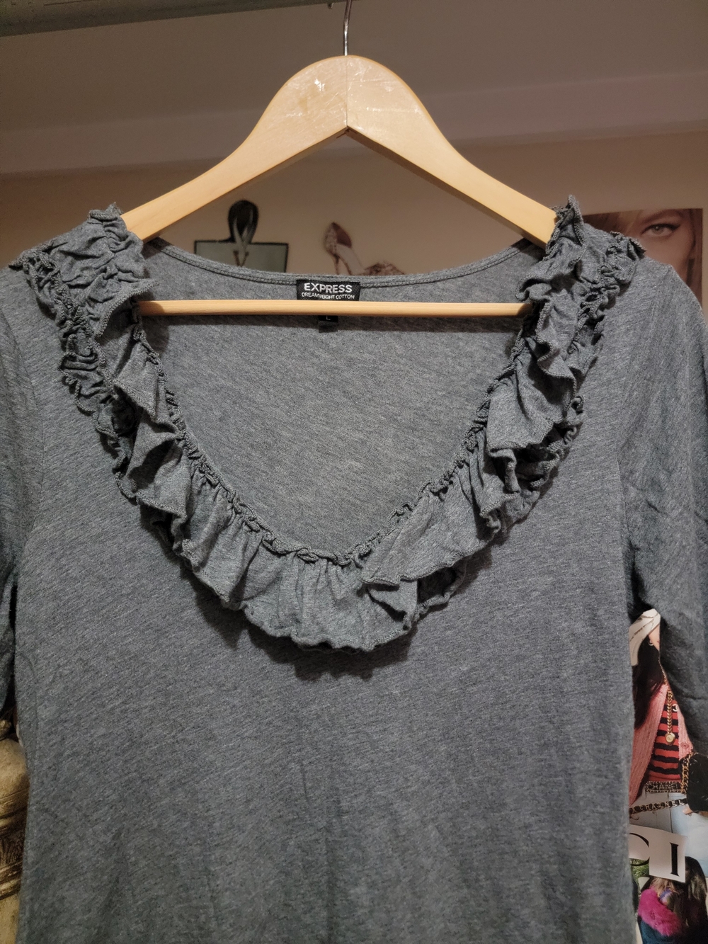 Express Gray Ruffle Neckline Top - Picture 3 of 4